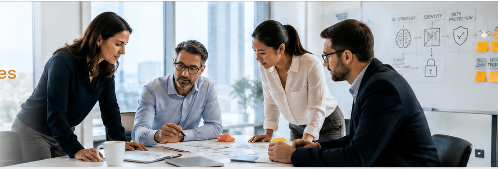 A collaborative team working together to solve a complex business and security challenge